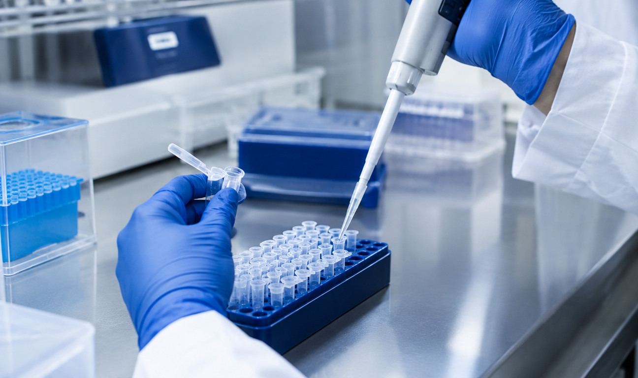 세포주 DNA를 PCR 검사용 튜브에 분주하는 실험실 사진