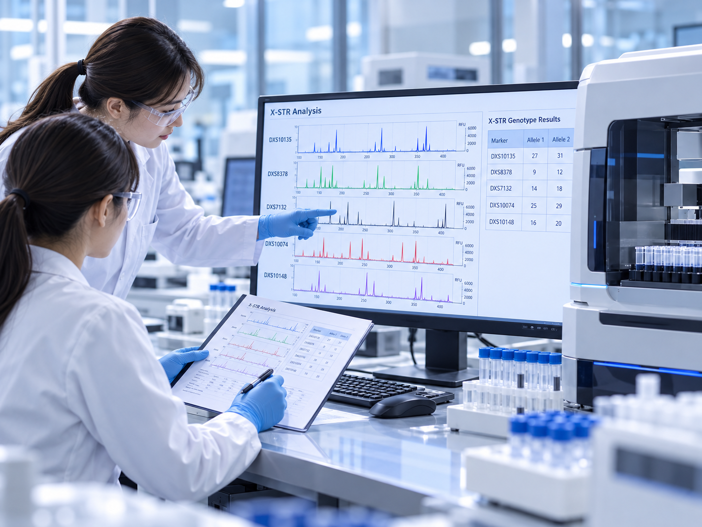 X-STR 분석 데이터를 검토하는 두 여성 연구원 연출 이미지