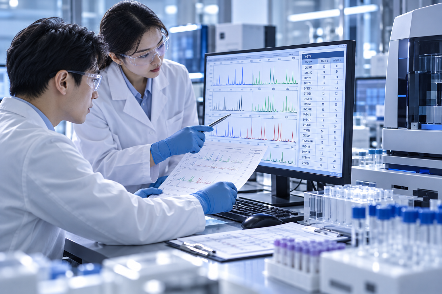 유전자 분석 장비와 STR 전기영동 데이터를 검토하는 연구원 연출 이미지